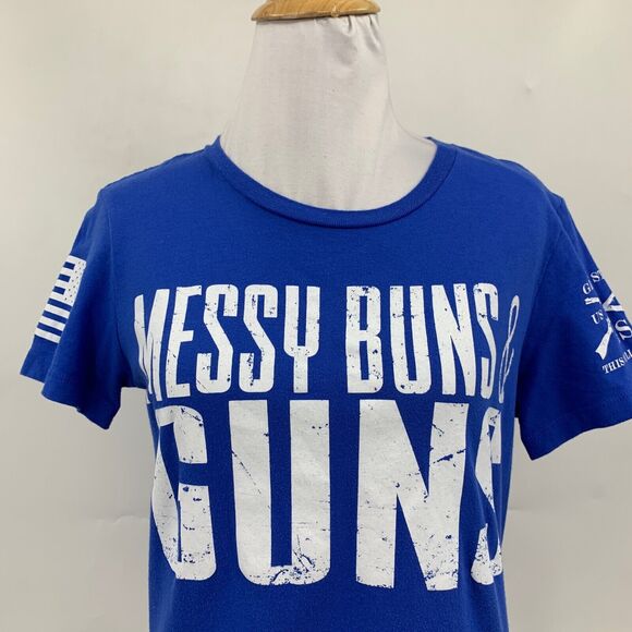 Grunt Style T Shirt Women L Large Blue Messy Buns & Guns Short Sleeve Crew Tee - Picture 3 of 9